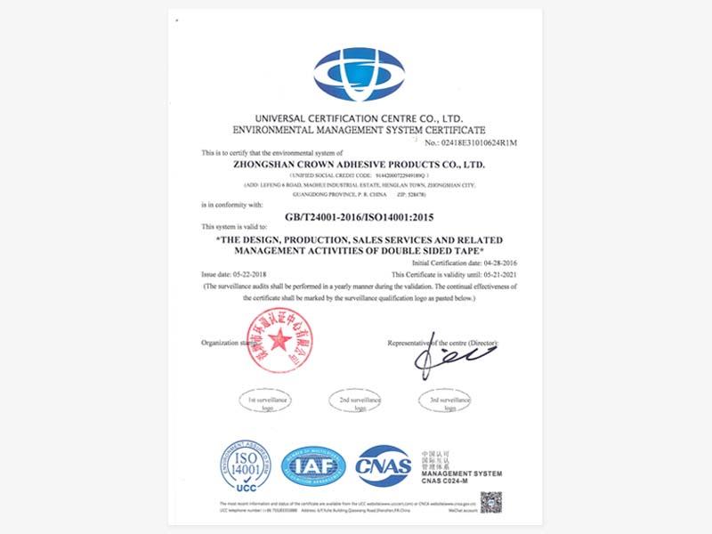 Version 2015 du certificat du système environnemental 2018-6-1